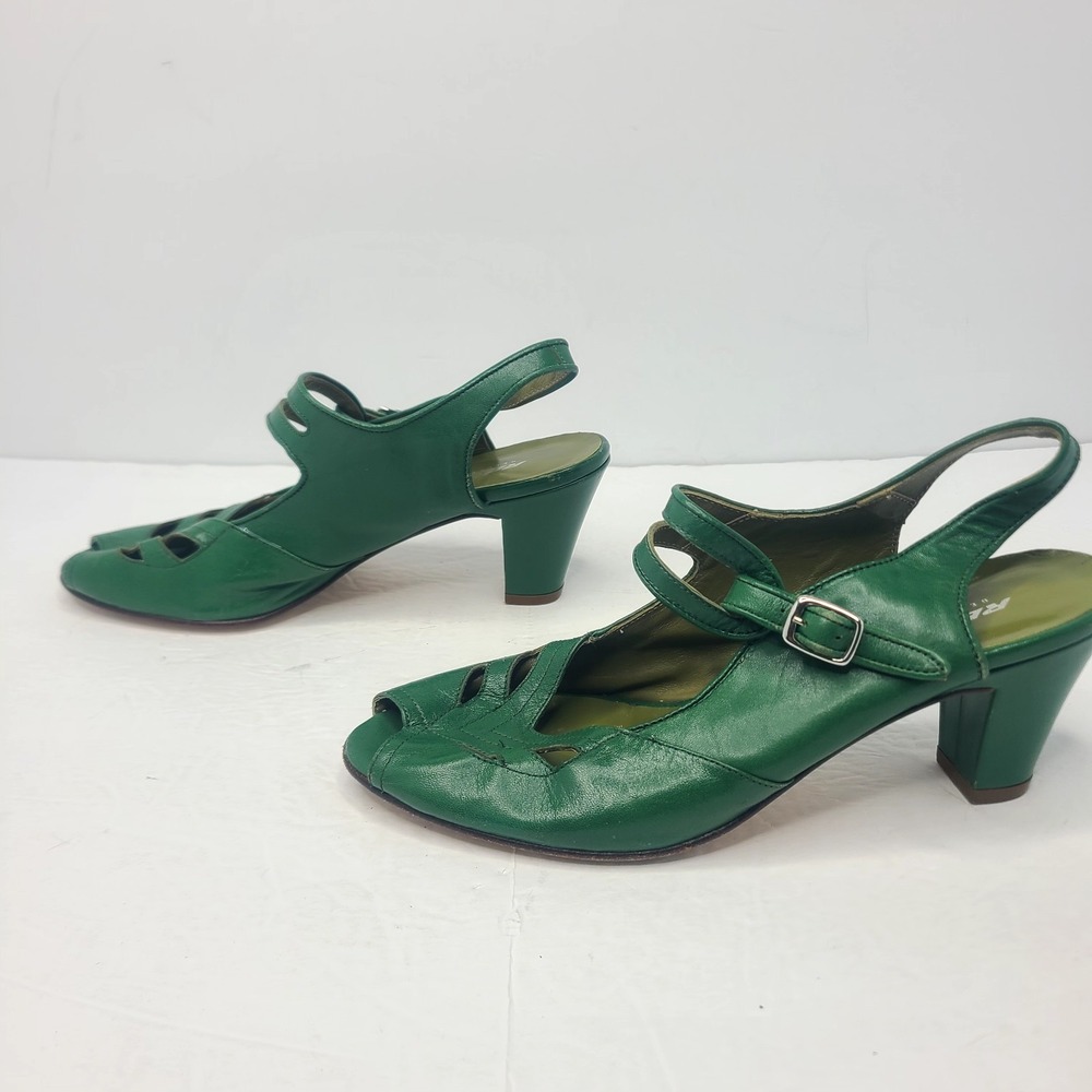 Re Mix Retro Style Shoes Green Leather Heels Peep Toe Pin Up Girl Rockabilly - Picture 3 of 9